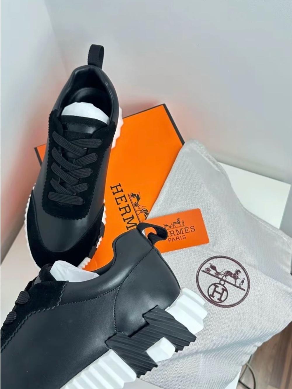Hermes Black Leather & Suede Men’s Sneakers with White Lug Sole